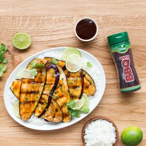 Berenjenas asadas con salsa BBQ y arroz